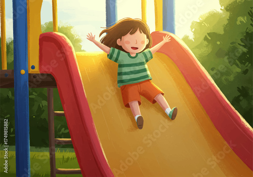Ecstatic girl gleefully sliding down a vibrant yellow slide in playground