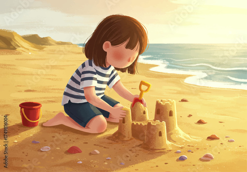 Little girl happily building a sandcastle on a sunny beach