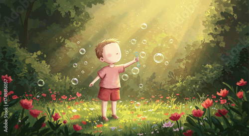 Adorable boy blowing soap bubbles in a magical sun-drenched forest