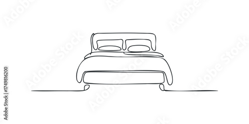 Continuous Line Drawing of a Double Bed with Pillows