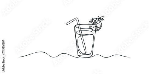 Continuous line drawing of a refreshing citrus drink with straw