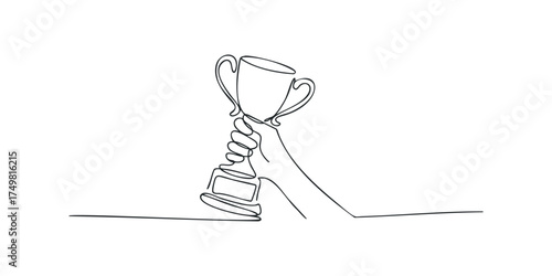 Hand holding up trophy in continuous line drawing
