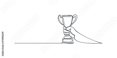 Hand holding a trophy with a single line drawing