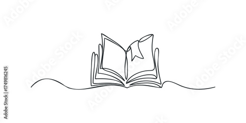 Single Line Drawing of Open Book with Bookmark