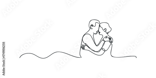 Couple embracing intimately in continuous line drawing
