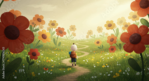 Little adventurer walking on a winding path through a field of flowers