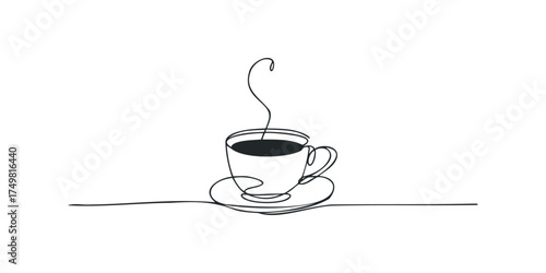 Single continuous line drawing of a steaming coffee cup and saucer