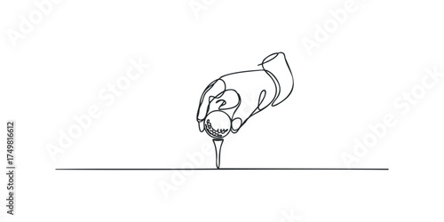 Continuous line drawing of hand placing golf ball on tee