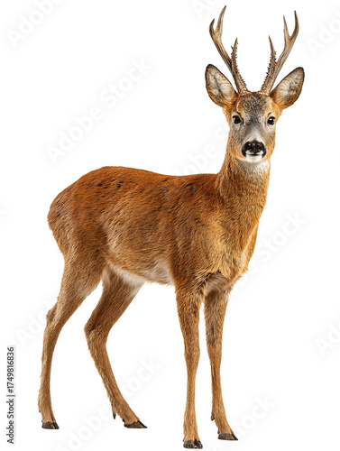 Male roe deer depicted in natural tawny tones, detailed antlers with velvet texture and clear white marking on neck, calm posture, isolated on transparent background.
