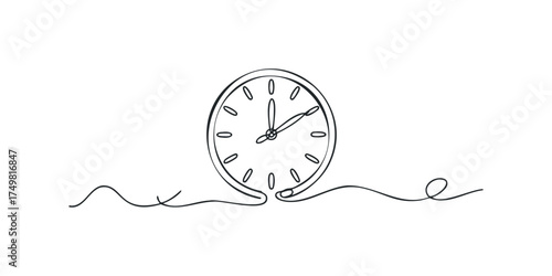 Continuous line drawing of a clock face with hands