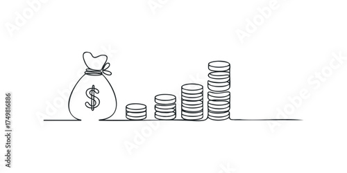 Money bag and growing coin stacks line drawing