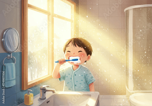 Happy little boy brushing his teeth in a bright sunny bathroom
