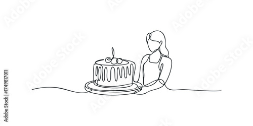 Woman holding cake with single line drawing