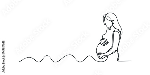 Single Line Drawing of Pregnant Woman Holding Belly