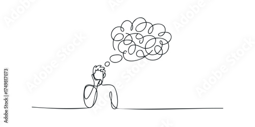 Person contemplating with tangled thought bubble in single line drawing