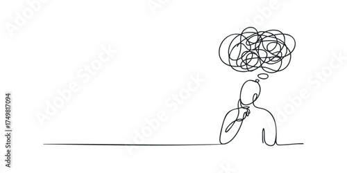 Person with tangled thoughts in a simplistic line drawing