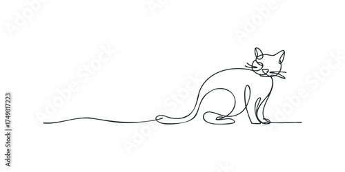 Single line drawing of a cat sitting with its tail extended