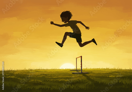 Energetic boy jumping over a hurdle at golden sunset in a field