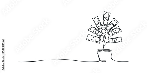 Money tree with bills in pot simple line art