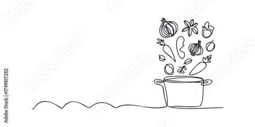 Line drawing of vegetables falling into a pot