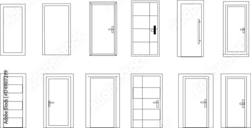 Collection of various interior and exterior door designs and styles in a clean architectural line drawing format