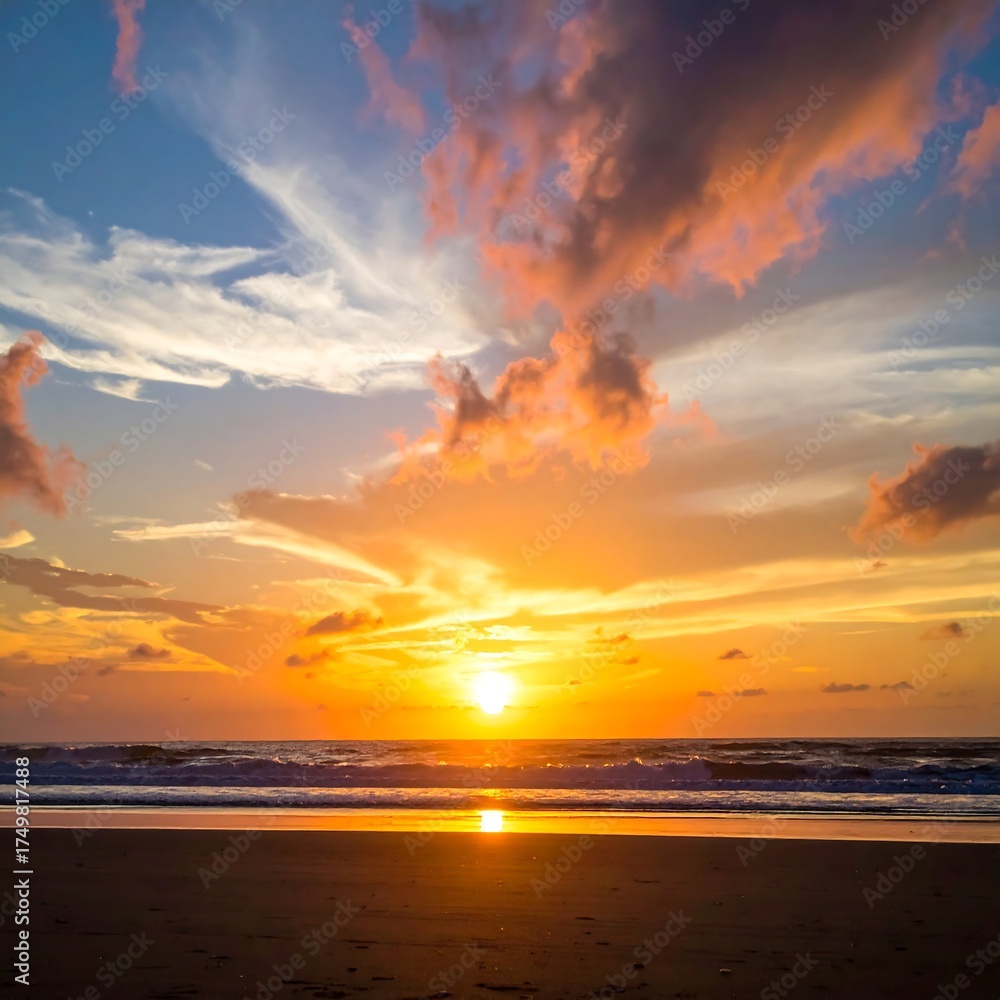 Fototapeta premium Beach sunset with vibrant clouds and ocean waves