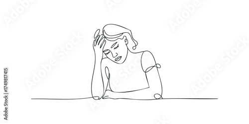 Sad woman with head in hand depicted with single line drawing