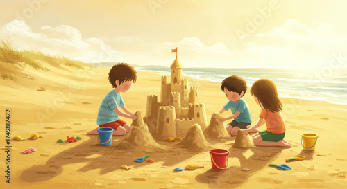 Three children collaboratively building a magnificent sandcastle on the beach