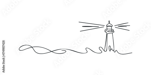Minimalist lighthouse emitting light beam with wavy line detail
