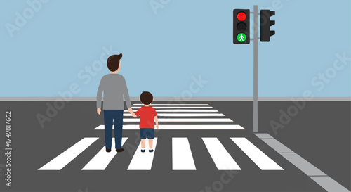 Father and son crossing a street at a crosswalk with traffic light