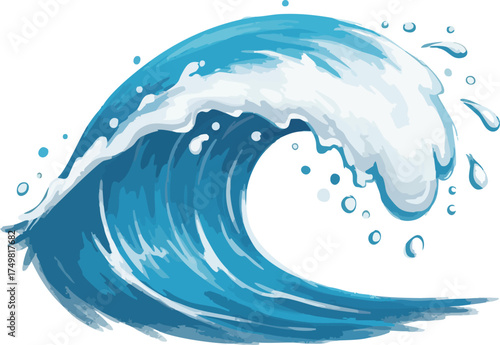 Dynamic Ocean Wave with Foamy Crest and Splashes on White Background