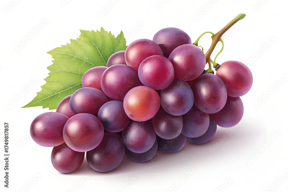 Fototapeta premium Lush cluster of red grapes with vibrant green leaf on pristine white surface