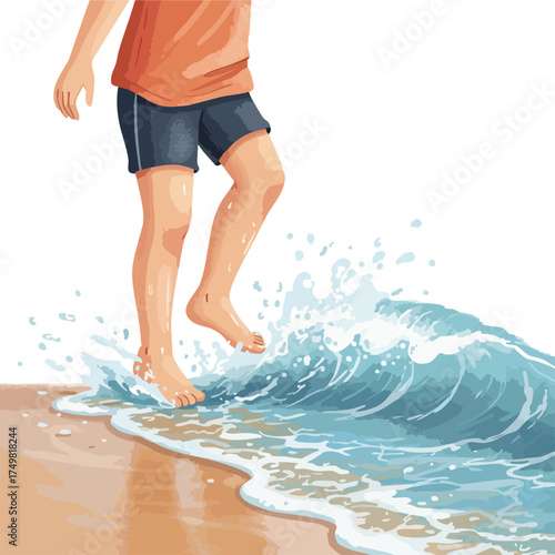 Bare Feet Walking into Ocean Wave on Sandy Beach Shore