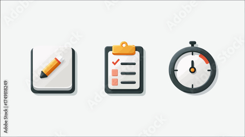 Writing, Checklist, Stopwatch on Isolated White Background for Business Graphics