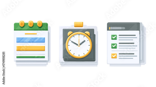Calendar, Clock, and Checklist Icons on Isolated White Background
