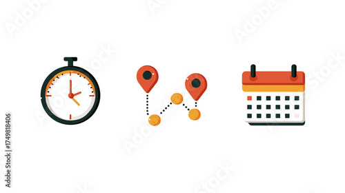 Stopwatch, Map, Calendar on Isolated White Background for Productivity Enhancement