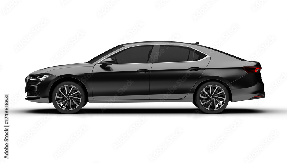 Obraz premium Full left side render of a modern sedan car in dark grey on a transparent background
