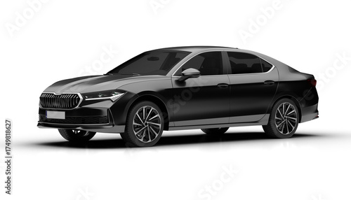 Slight front left view of dark grey colored modern sedan car rendered with a transparent background