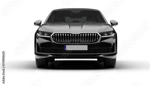 Front view render of the dark grey colored modern sedan car on transparent background