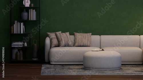 Part of the living room with a sofa and a floor lamp. 3D visualization.