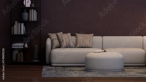 Part of the living room with a sofa and a floor lamp. 3D visualization.