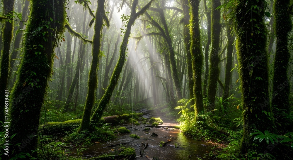 Obraz premium Magical sunbeams stream through a lush, vibrant rainforest with a flowing stream, creating a dreamy and serene atmosphere