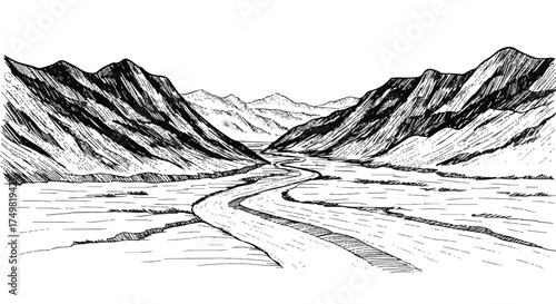 A minimalist black and white 2D flat vector sketch of a serene mountain river landscape, depicted with simple lines on a clean white background.