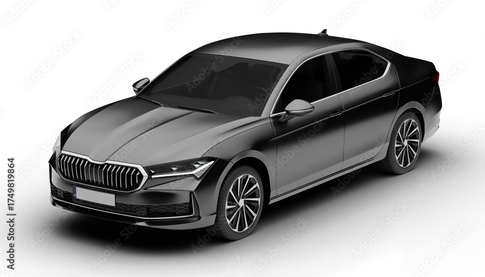 Obraz premium Slight front left view of dark grey modern sedan car rendered with a transparent background