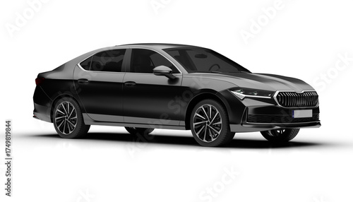 Slight front right render of dark grey colored modern sedan car shown on transparent background