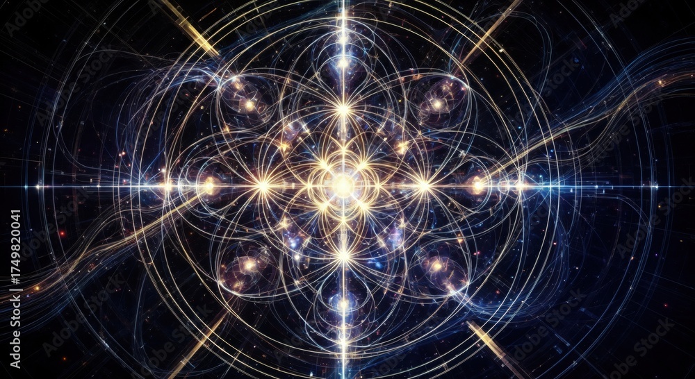 Fototapeta premium A mesmerizing digital representation of cosmic energy, featuring interconnected radiant particles and intricate patterns, capturing the essence of a dynamic universe.