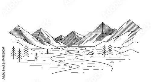 A striking black and white mountain river landscape vector illustration features a minimalist flat line art style on a pure white background, capturing the serene beauty of nature.