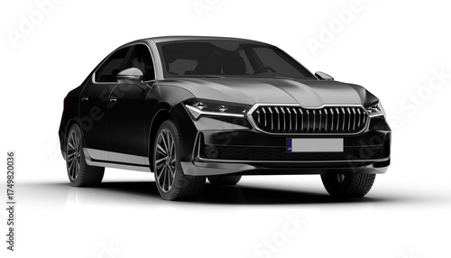 Slight front right render of dark grey colored modern sedan car shown on transparent background