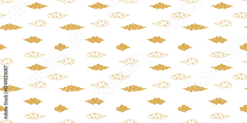 Traditional Chinese or Japanese clouds with spiral swirls. Seamless pattern in flat style and gold color. Vector illustration for mid autumn festival, new year and holiday banners poster, card, cover