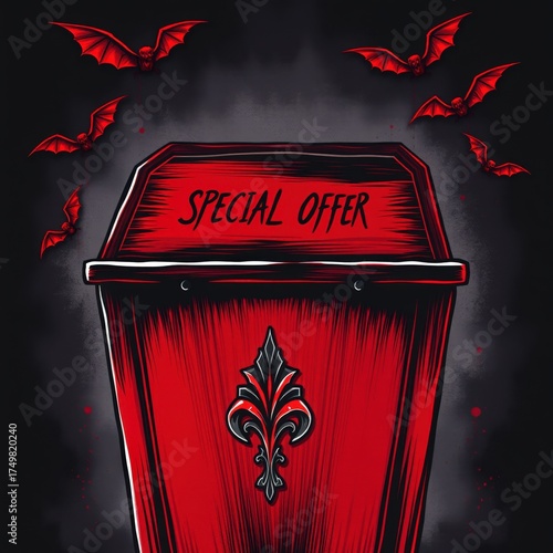Red coffin with special offer text surrounded by bats for Halloween sale  